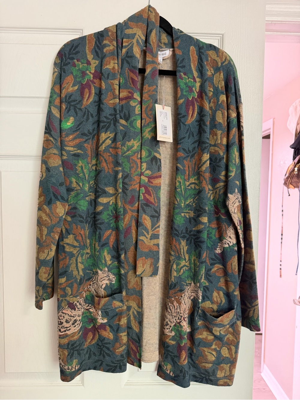 Johnny Was Teal Floral-Leopard Knit Cardigan with Brown Accents